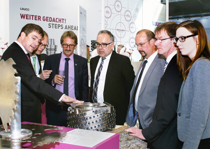 At the LIGNA trade show in Hanover for the wood and furniture industry, a business delegation from the Nordschwarzwald region visited tool manufacturer LEUCO of Horb, Germany. 

Left to right: Daniel Schrenk (Director of Sales and Marketing at LEUCO), Steffen Schoch (CEO of WFG Nordschwarzwald GmbH), Frank Diez (Board Chairman of LEUCO), Dr. Klaus Michael Rückert (Administrator of the Freudenstadt District), Ralf Heinzelmann (City of Freudenstadt Business Development), Klaas Klaasen (Mayor of Schopfloch), Ira Schübel (Freudenstadt Business Development)
